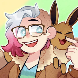 Cartoon drawing, white person, medium wavy hair fading from silver to pink and sidecut on the right side, pokémon Eevee over the shoulder, blue eyes, big glasses, colorful T-shirt, brown jacket