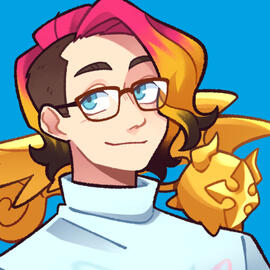 Cartoon drawing, white person, medium-length wavy hair swept to the left, from pink to orange with black tips and a side cut on the right, golem Timcanpy perched on their shoulder, blue eyes, wearing large glasses, white turtleneck hoodie, blue background